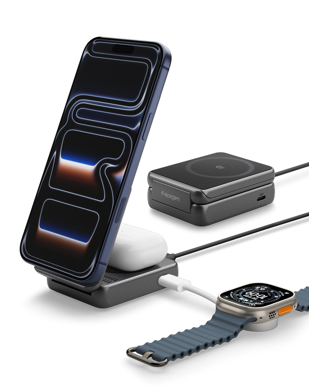 Spigen Essential Qi2.2 25W 2-in-1+C MagSafe Ladestation [inkl. USB-C Kabel] Kabelloses Ladegerät für