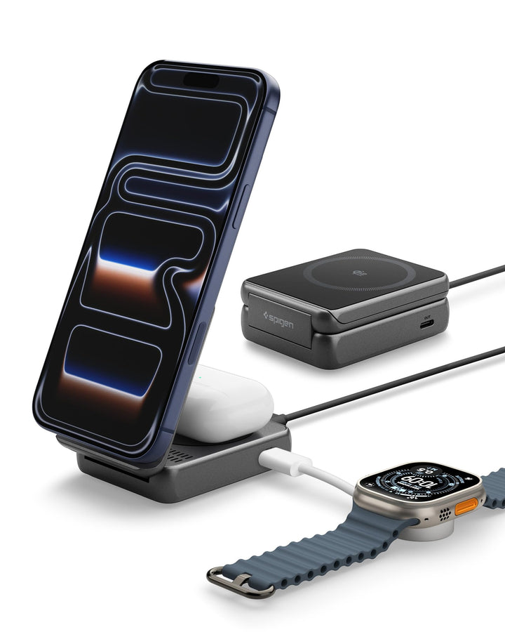Spigen Essential Qi2.2 25W 2-in-1+C MagSafe Ladestation [inkl. USB-C Kabel] Kabelloses Ladegerät für