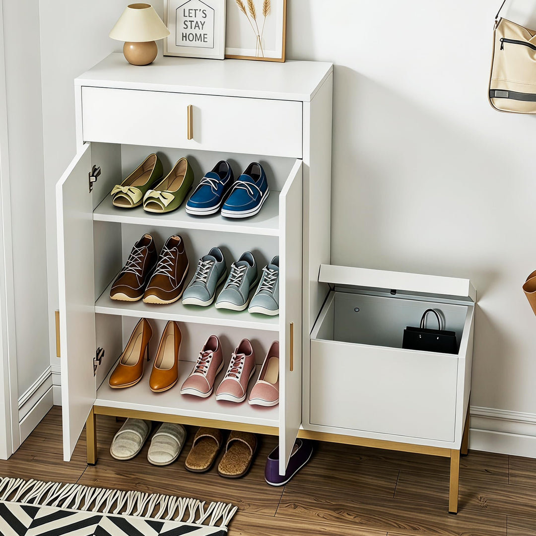 KEEPREAPER Schuhschrank Tiefe 30cm Schuhkommode Weiss + Gold