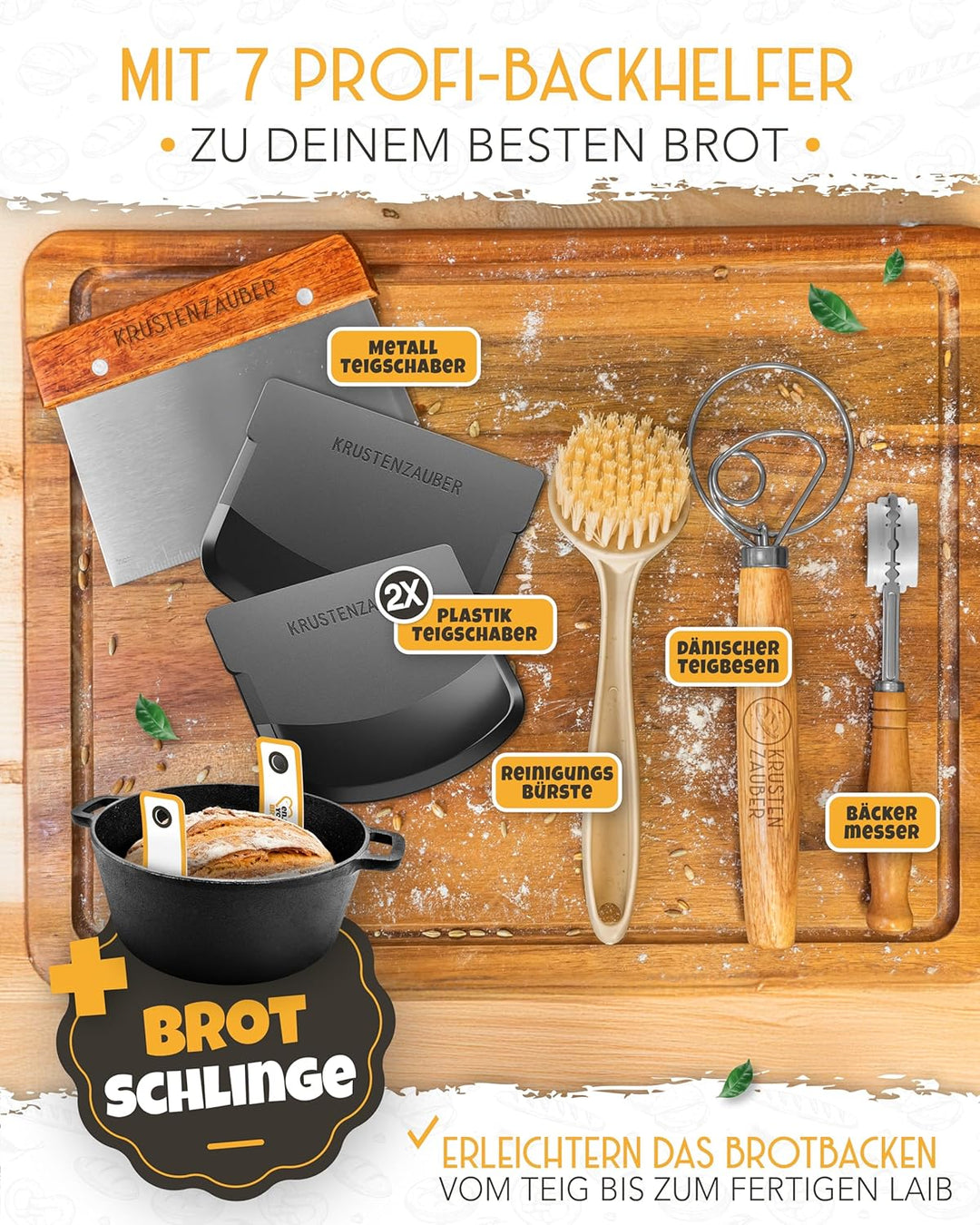 KRUSTENZAUBER Gusseisen Topf Brot Backen im XXL Set - Brotbackform mit Deckel inkl. Gärkorb, Schneeb