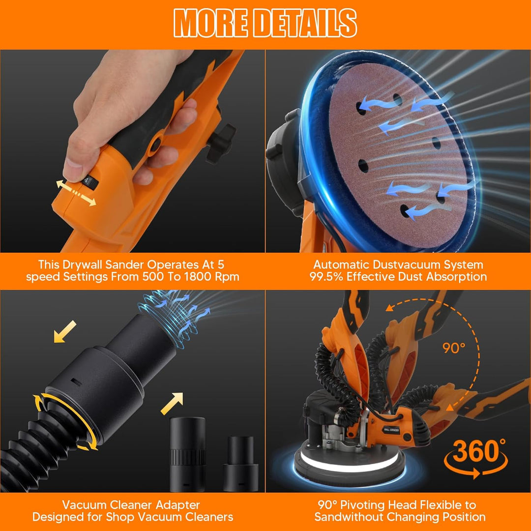 Trockenbauschleifer, 1250 Watt Elektroschleifer, 800 bis 1800 U/min, Ausziehbarem Griff, LED-Beleuch