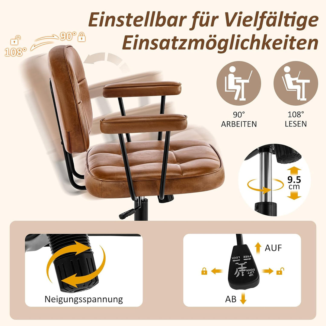Hellove Schreibtischstuhl Bürostuhl Ergonomisch mit Armlehnen PU Leder 360° Drehstuhl Höhenverstellb
