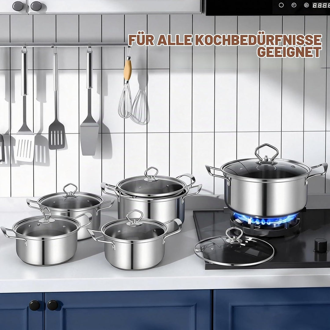 Topfset Induktion 10-Teilig, Topfset aus Edelstahl mit Glasdeckel | Induktions Töpfe set, für alle H