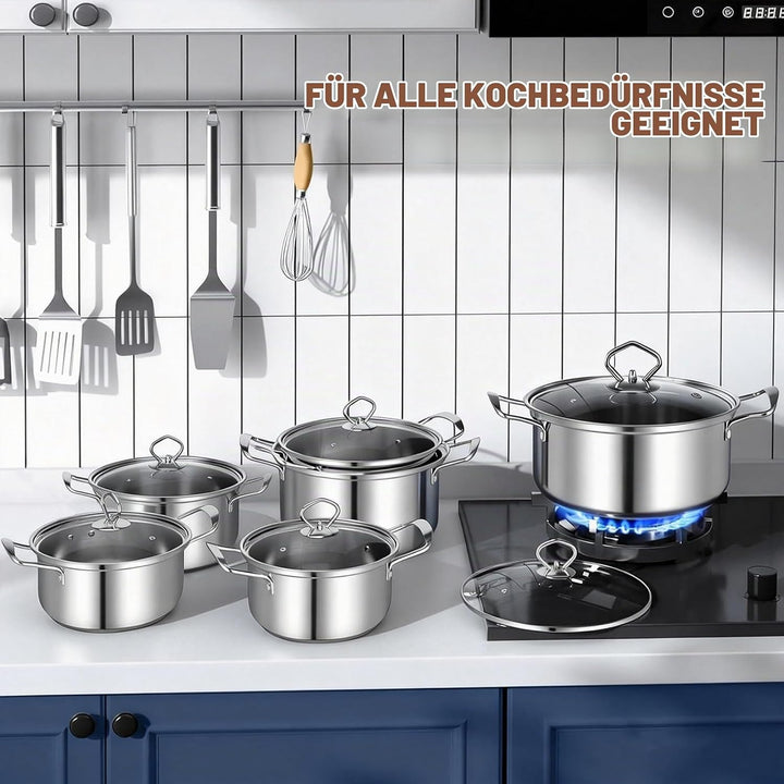 Topfset Induktion 10-Teilig, Topfset aus Edelstahl mit Glasdeckel | Induktions Töpfe set, für alle H