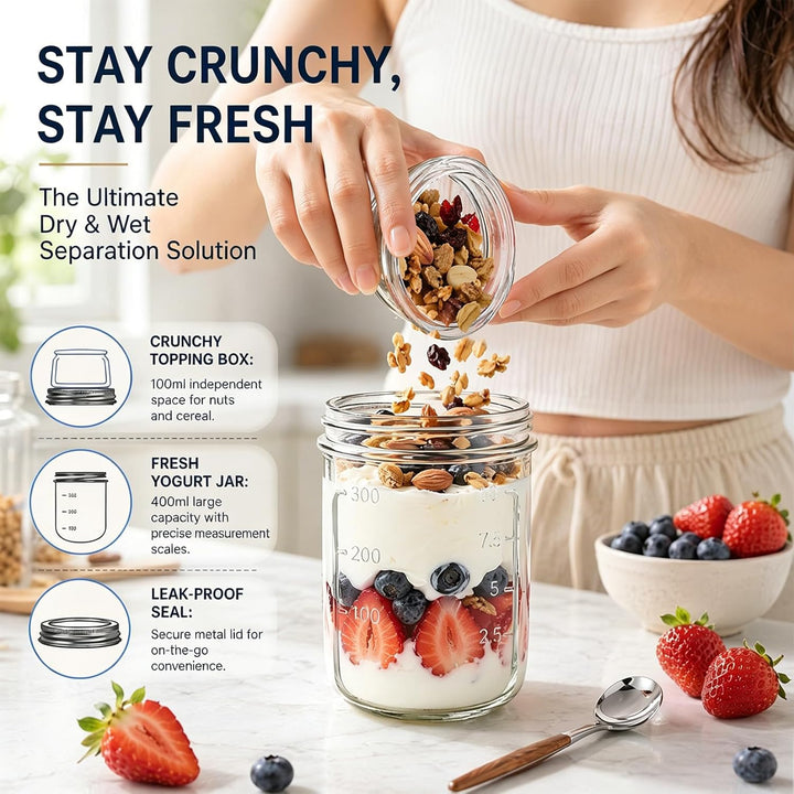 Yuragim 4er Overnight Oats Gläser, 400ml+100ml Müslibecher to go mit Deckel und Löffel, Doppelkammer