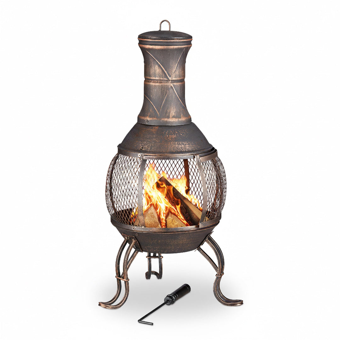 Relaxdays, Bronze Aztekenofen, Schürhaken, Holzrost, Funkenschutzgitter, Garten, Terrasse, antiker F