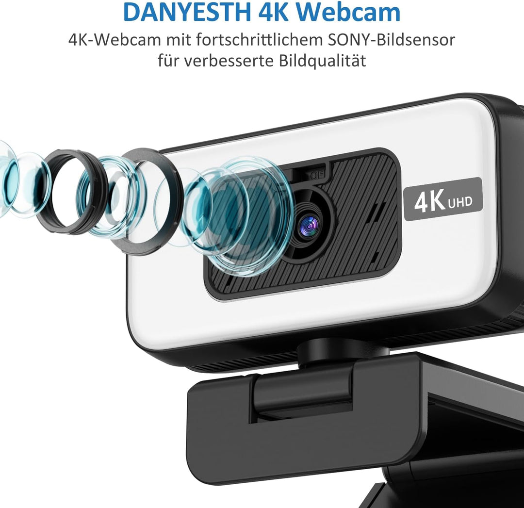 4K Webcam mit Licht & Zoom, USB Computer Kamera mit Mikrofon, Privatsphäre-Abdeckung & Anti-Stör-Lic