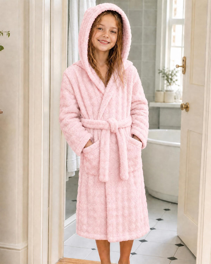 JiAmy Kinder Fleece Bademantel mit Kapuze | Weich Saugfähig kinderbademantel mit Taschen und Bindegü