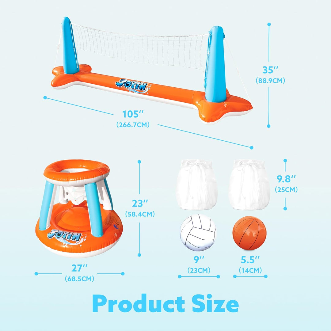 JOYIN Aufblasbare Pool Float Set, Volleyballnetz & Basketballkörbe & Bälle für Kinder und Erwachsene