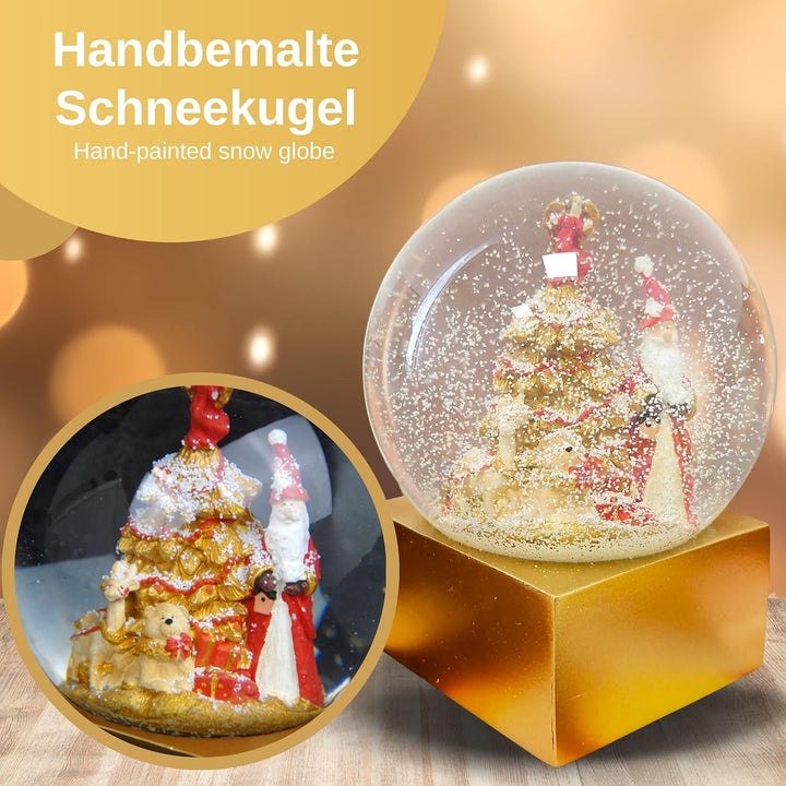 Schneekugel Weihnachten | Weihnachtsmann rot Gold | Sockel Gold eck | H:14 cm B: 12 cm | Santa Schüt