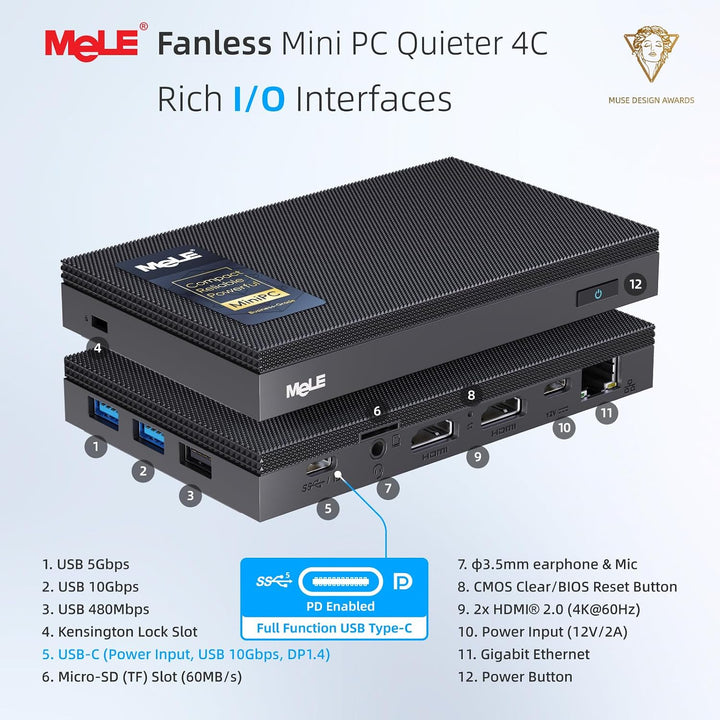 MeLE Mini PC Lüfterloser Quieter4C N150(4C/4T, bis zu 3.6Ghz) USB-C Display 8GB RAM 256GB Speicher D