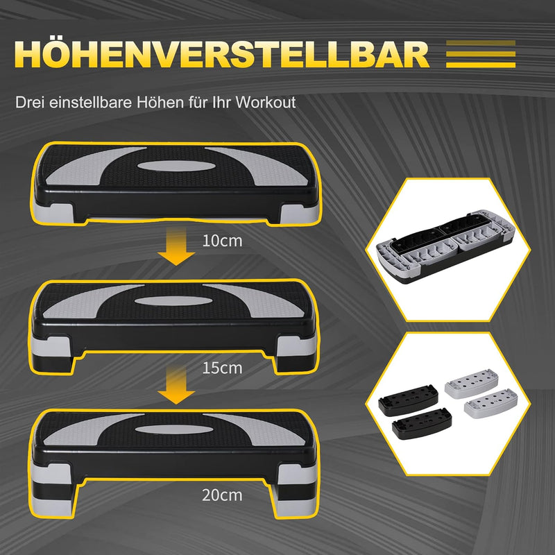 HOMCOM Steppbrett Aerobic-Stepper höhenverstellbar mit 3 Stufen (10/15/20 cm) Fitness Heimtrainer fü