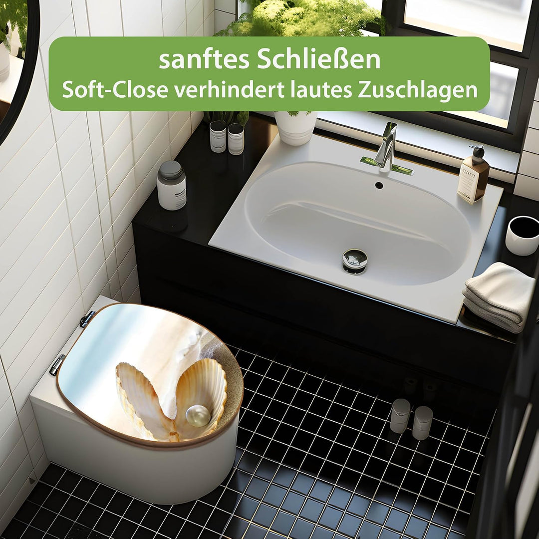 banjado® Design WC Sitz Bambus Absenkautomatik mit Motiv Perlenmuschel/Toilettendeckel mit Absenkaut