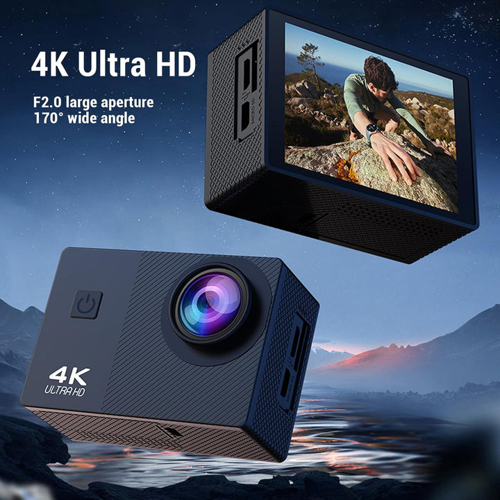 Action Kamera 4K HD, Radfahrkamera mit 2" IPS Display, 170° Weitwinkel, Elektronische Stabilisierung