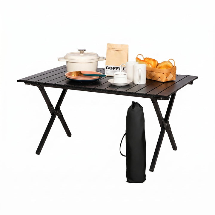 Campingtisch Klappbar Faltbar, 89x58cm Outdoor Tisch mit Tragetasche, Stabiler Eisen Tisch mit Holzo