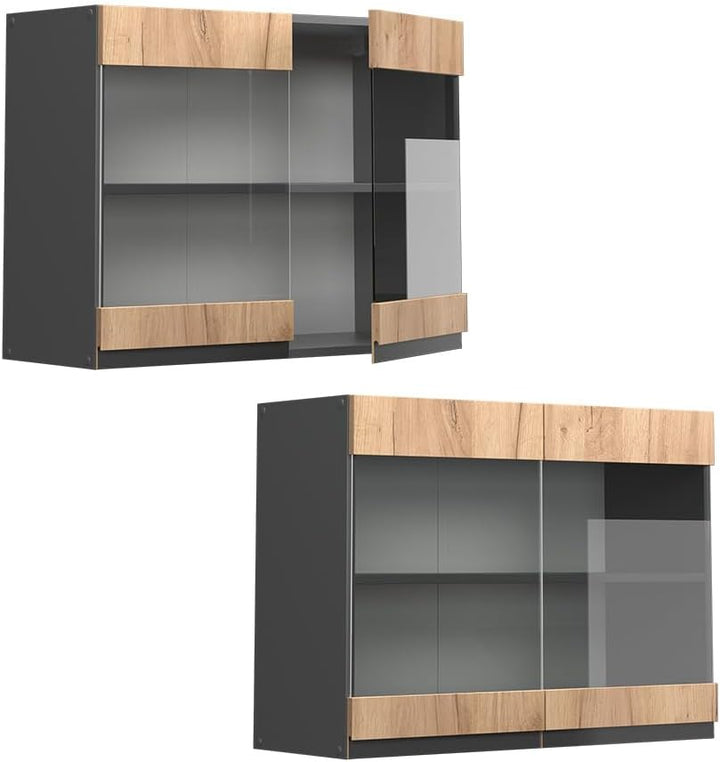 Vicco Küchenschrank Glas R-Line, Goldkraft Eiche/Anthrazit, 80 cm J-Shape Goldkraft Eiche Hängeglass