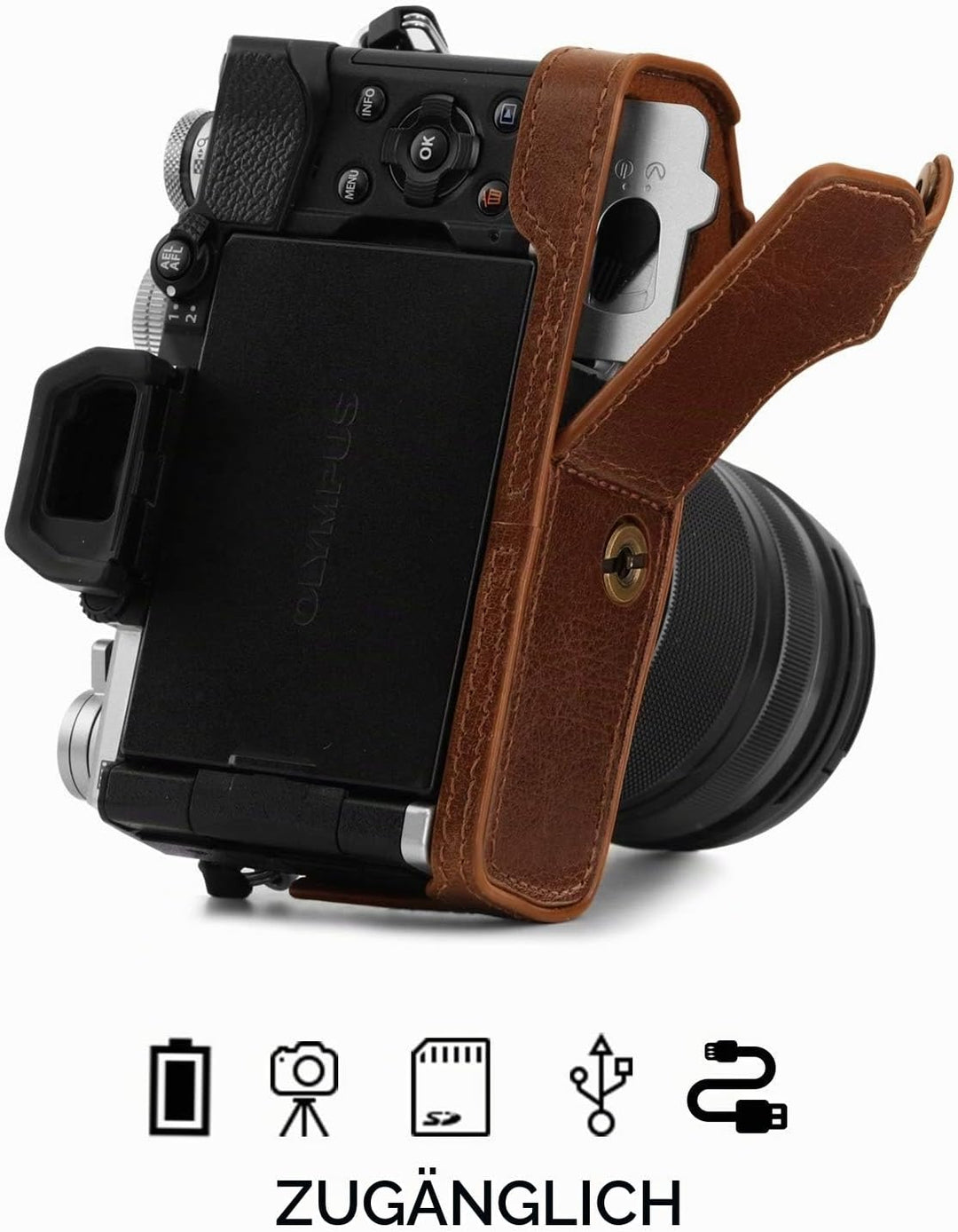 MegaGear MG1865 Ever Ready Kameratasche für Olympus OM-D E-M5 Mark III, Echtleder, Braun, Braun