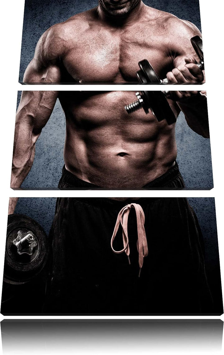 Pixxprint Starker Bodybuilder mit Hantel / 3-Teilig/Gesamtmass 120cm Leinwandbild bespannt auf Holzr