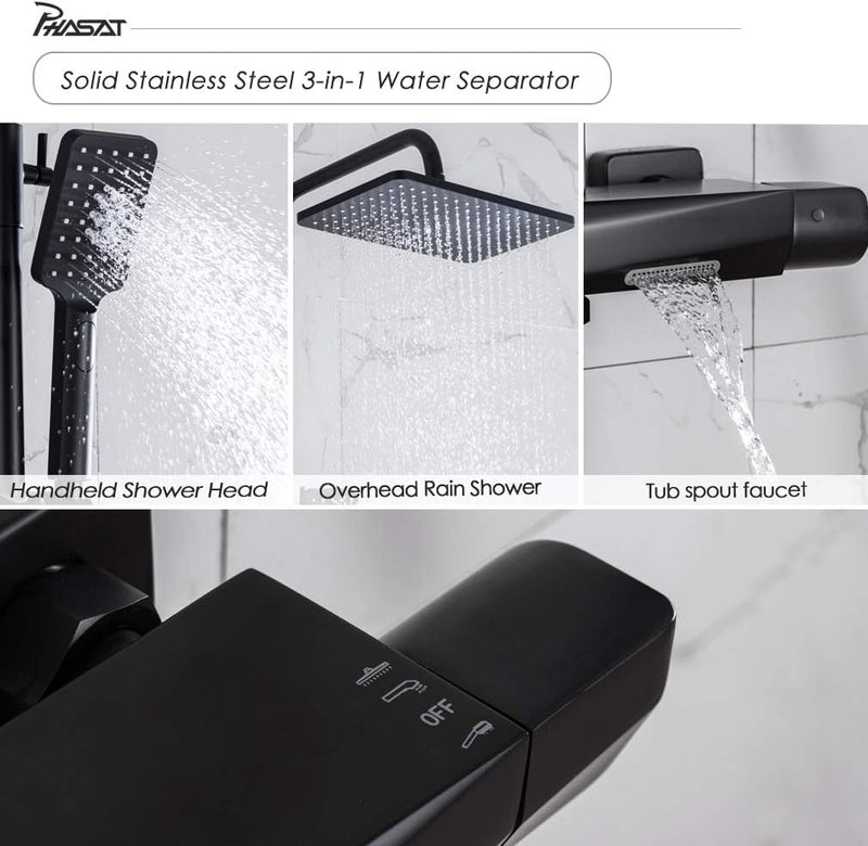 PHASAT Duschamatur Schwarz Bad Duschset Duschsystem Regendusche mit Armatur Thermostat Überkopfbraus