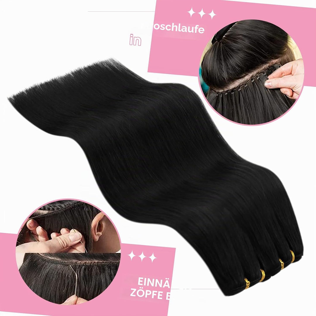 YoungSee Echthaar Tressen Schwarz 45cm Tressen Echthaar zum Einnahen Haartressen Echthaar Schwarz 10
