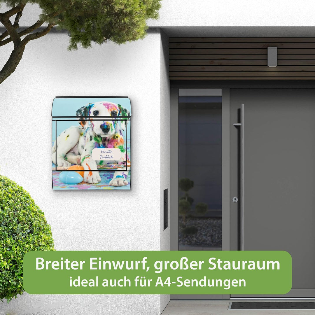 banjado® Design Briefkasten personalisiert Motiv Bunter Dalmatiner 39x47x14cm & 2 Schlüssel - Briefk