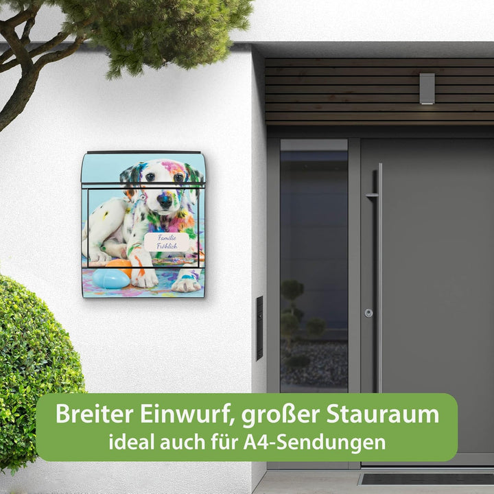 banjado® Design Briefkasten personalisiert Motiv Bunter Dalmatiner 39x47x14cm & 2 Schlüssel - Briefk