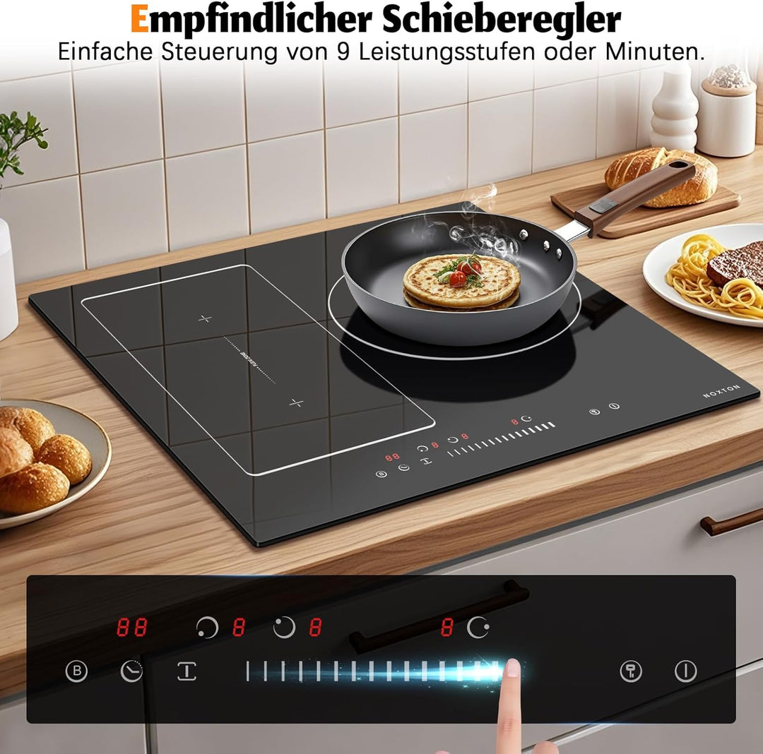 NOXTON Induktionsfeld Flexzonen 3 Platten Einbau, Induktionskochfeld 60 cm Einbau, Induktionsfeld 3