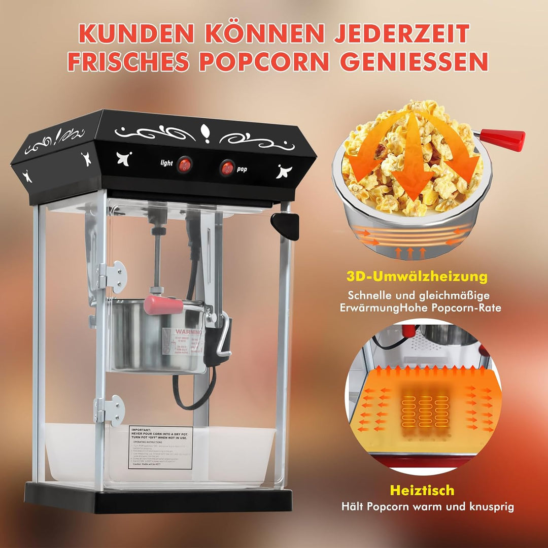 Popcornmaschine mit Wagen 8 OZ Kessel Popcornmaschine Gross,Entnehmbarer Topf Popcornmaker Retro Pop