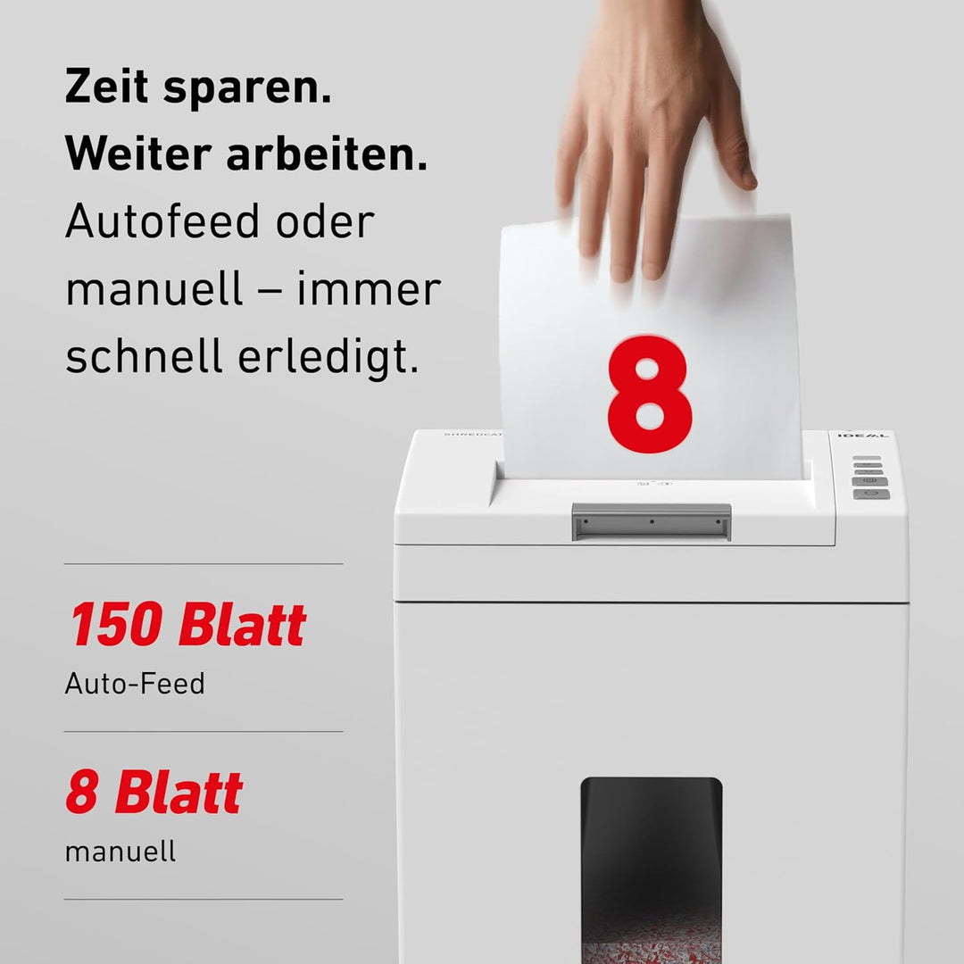 Autofeed Aktenvernichter IDEAL Shredcat 8291, 150 Blatt Papierstapel mit automatischem Einzug schred