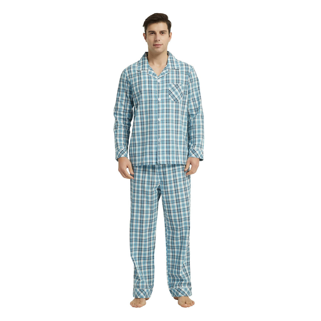 Vulcanodon Pyjama Herren 100% Baumwolle Schlafanzug lang Set kariert mit Knopfleiste weiche Nachtwäs
