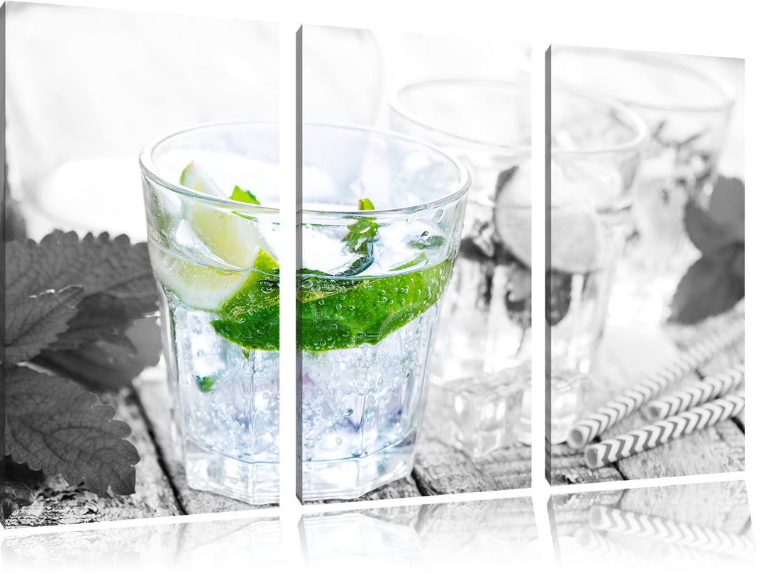 Pixxprint Mojito-Gläser mit Minze B&W Detail 3-Teiler Leinwandbild 120x80 Bild auf Leinwand
