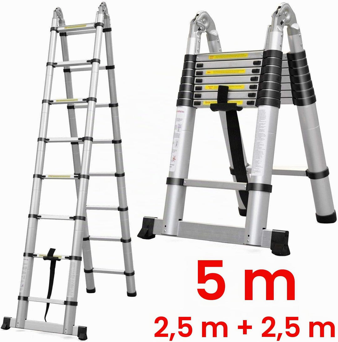 5m (2,5+2,5) Aluminium Mehrzweckleiter Teleskopleiter Ausziehbar Leiter Klappleiter Anti-Rutsch Stuf
