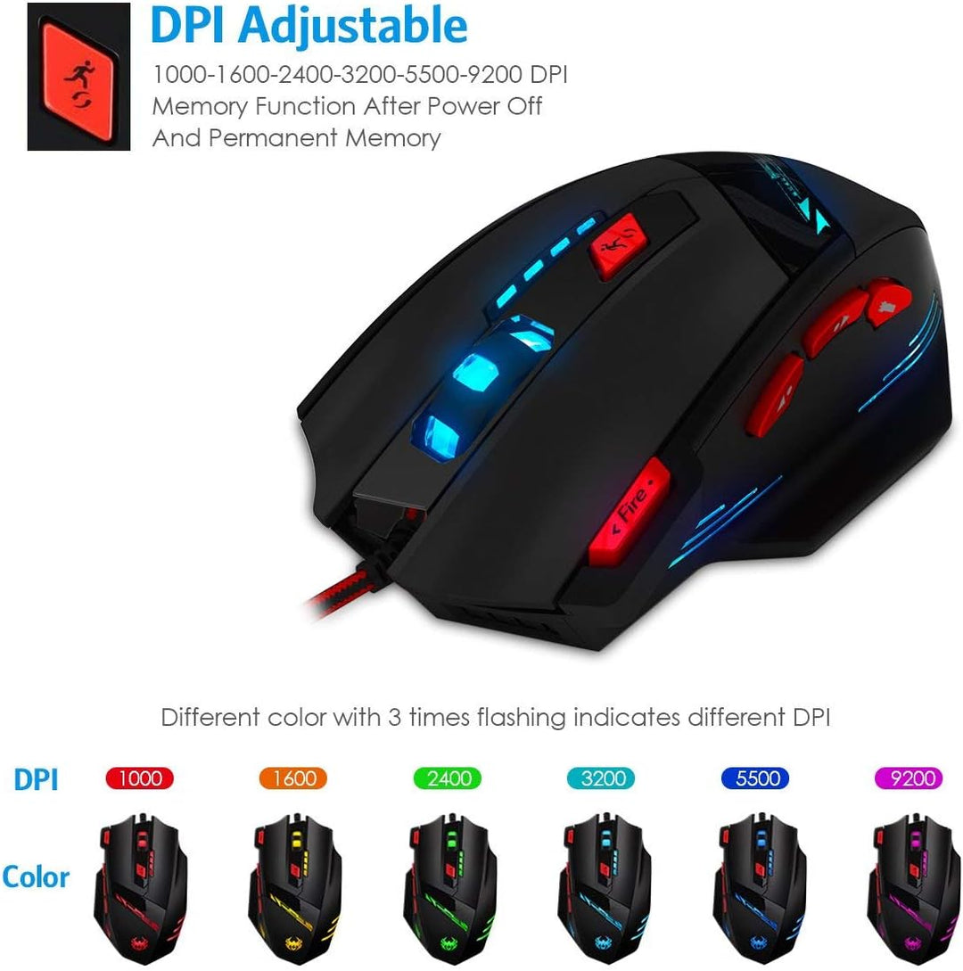 zelotes Kabelgebundene Gaming Maus mit 9200 DPI,8 programmierbarem Tasten,Verstellbarem Gewicht,RGB-