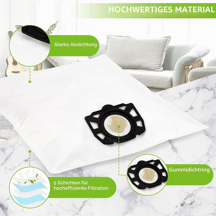 10 Stück Staubsaugerbeutel für Kärcher 2.863-006.0 Vliesfilterbeutel 487 Ersatzbeutel WD4 WD5 WD6 WD