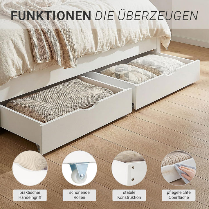 Homestyle4u Bettkasten 2er Set Holz Aufbewahrung mit Rollen, Bett Schublade Bettauszug Weiss