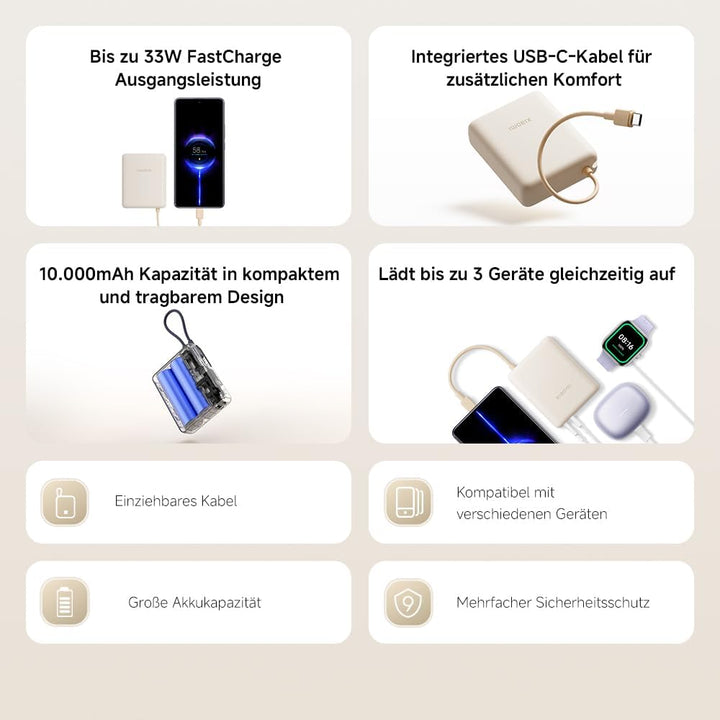 Xiaomi 33W Power Bank 10000mAh, Tragbares USB-C-Schnellladegerät, PD3.0, QC3.0, Apple 2.4, 3 Ausgang