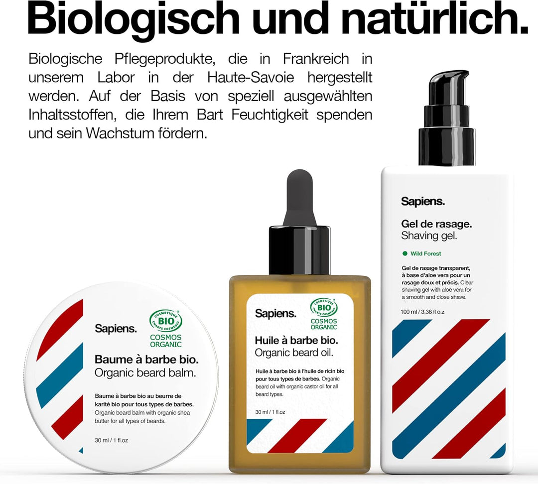 Bartpflege Set für Männer Sapiens BarberShop - Bart Set Herren mit Bio Bart Öl, Bio Bart Balsam, Ras