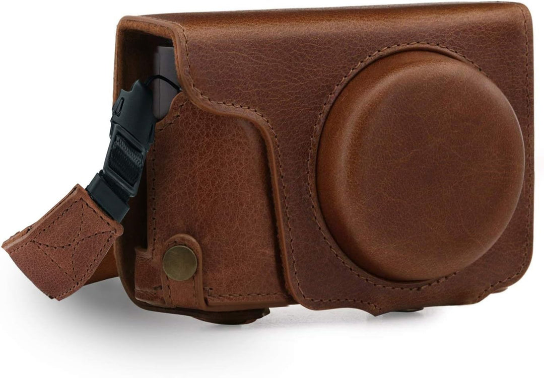 MegaGear Panasonic Lumix DC-TZ100, TZ200 Ever Ready Echtleder Kamera-Case mit Trageriemen - Braun MG