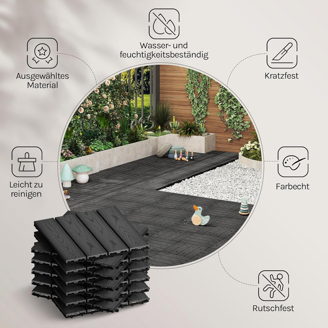 WOLTU WPC Terrassenfliesen Holzoptik Terrassendielen Fliese in Bodenbelag mit klicksystem, für Terra