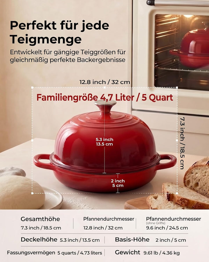 Gusseisen Topf Brot Backen, 4,7L Bräter Emaille Schmortopf mit Deckel und Griffen, 24 cm Dutch Oven,