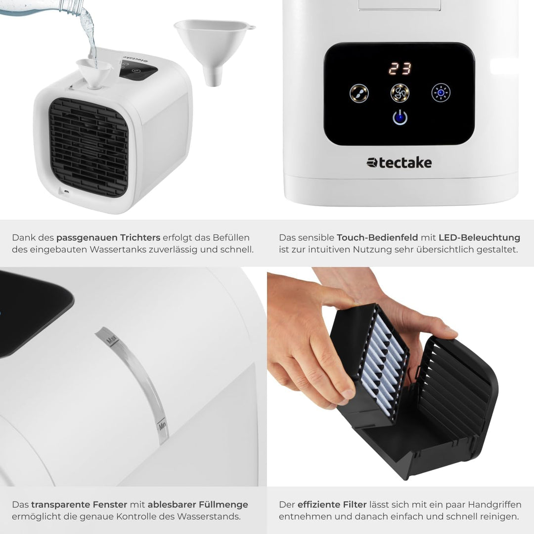 tectake® Luftkühler mit LED, mobile Klimaanlage ohne Abluftschlauch, Ventilator mit Wasserkühlung, K