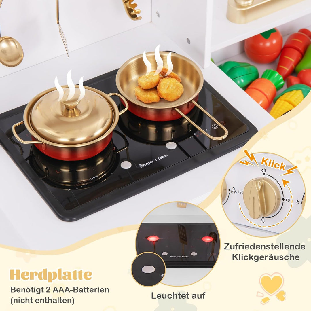 COSTWAY Kinderküche aus Holz, Spielküche mit Licht und Sound, Kinder Küche mit Spüle, Wasserhahn, He