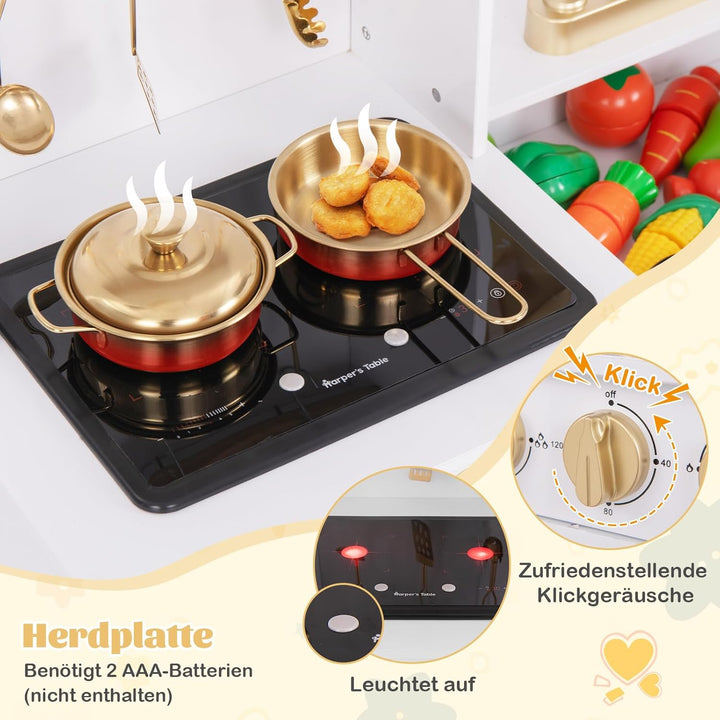 COSTWAY Kinderküche aus Holz, Spielküche mit Licht und Sound, Kinder Küche mit Spüle, Wasserhahn, He