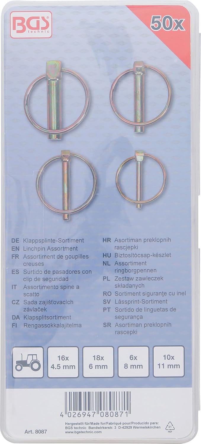 BGS 8087 | Klappsplinte-Sortiment | 50-tlg. | Klappstecker | verzinkt | 4,5 - 6 - 8 - 11 mm Single,