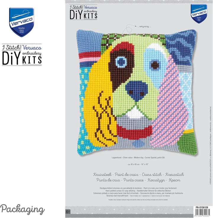 Vervaco Kreuzstichkissen Cocker Spaniel, Patch Stil, Stickbild vorgezeichnet Kreuzstichpackung Kisse