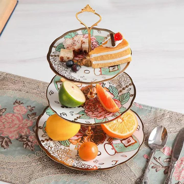 3-Etagen-Keramik Vintage Kuchen Stand mit schönen klassischen Rose Muster, Lebensmittel Rack für die