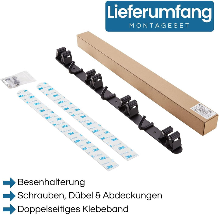 Stahlia Besenhalterung Wand Edelstahl Gerätehalter 3 Haken + 4 Halter Schwarz-matt schraubbar & selb