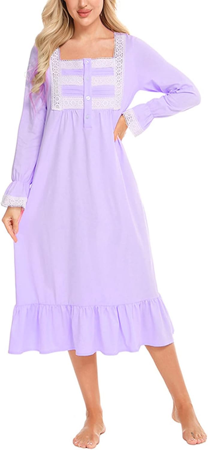 aromm Damen Weich Nachthemd Knopfleiste Viktorianisch Lange Ärmel Stillen Pyjama XXL Violett, XXL Vi