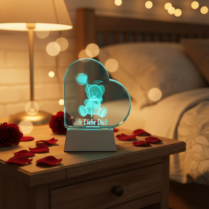 Kaltner Präsente Geschenkidee – Herz aus Glas: Kristallglas mit 3D-Laser-Gravur Teddy Rose/Ich Liebe