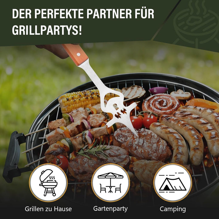 4 Stück Grillbesteck, Grill Zubehör Set mit Grillzange, Grillwender, Fleischgabel, Holzgriffen und A